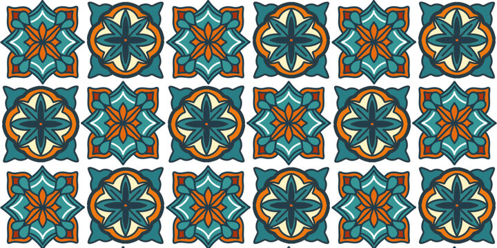 Seamlless pattern of a belle epoque texture design set in blue green - orange red tones geometric ornament