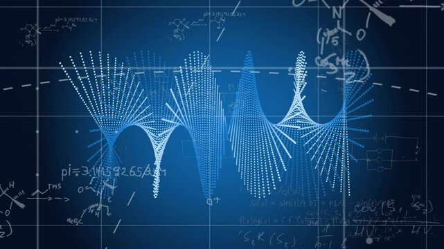 Mathematical equations and graphs animation over blue background with scientific notations