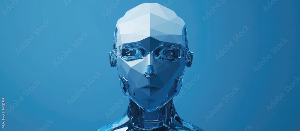 Poster low poly robot displayed from the front against a blue backdrop created using 3d rendering technique