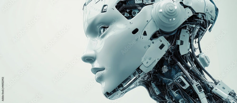 Poster close up view of a robotic head absorbing information illustrating the concept of neural network lea