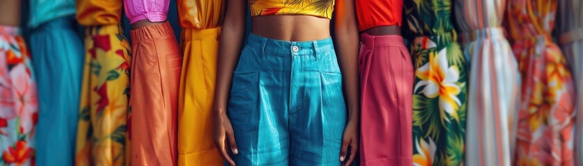 Detailed summer outfits with vibrant colors and light fabrics ultra-clear image