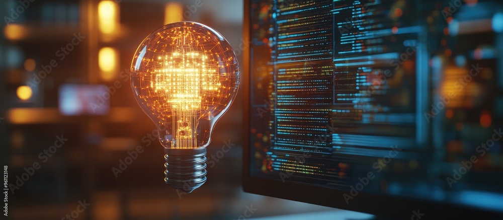 Poster illustration of a creative light bulb featuring a microcircuit displayed on a contemporary computer 