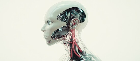 Obraz premium Futuristic cyborg featuring intricate internal body structure against a neutral background 3D render
