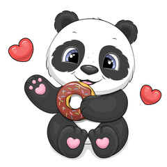 Obraz premium Cute cartoon panda eats a donut. Vector illustration of animal and two red hearts on a white background.