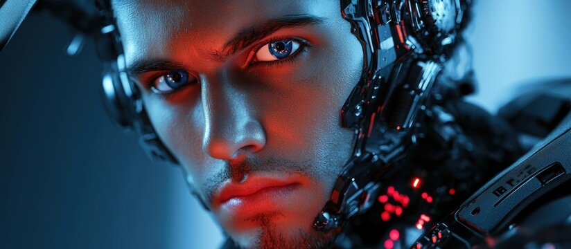 Close up portrait of a man with abstract elements reflecting the themes of robotics military technology and gaming in a 3D illustration