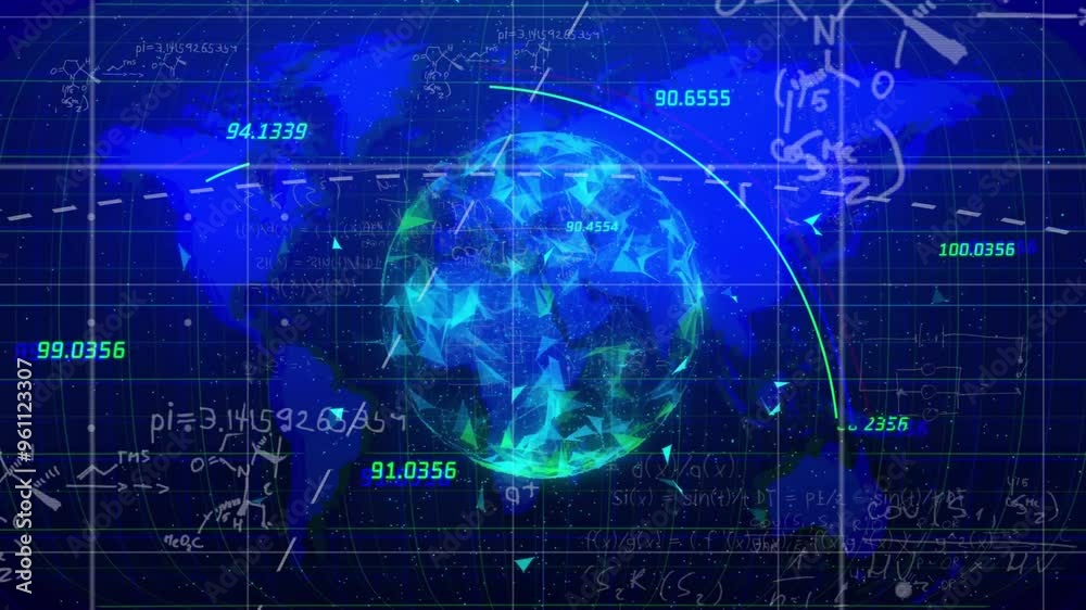 Poster mathematical equations and data points animation over rotating globe with blue background