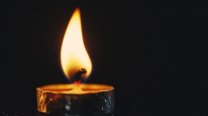 A single candle flame burns brightly in the dark.
