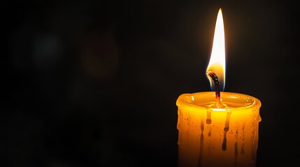 A single candle burning brightly in the dark.