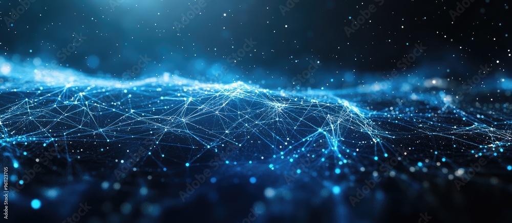 Poster abstract digital representation featuring interconnected blue lines and dots on a dark backdrop visu