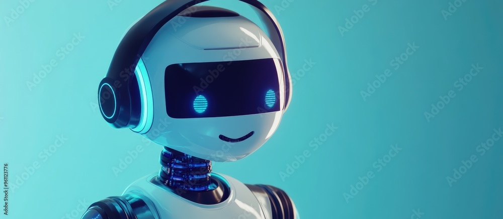 Poster 3d rendered robot with headset representing the concept of automated customer service