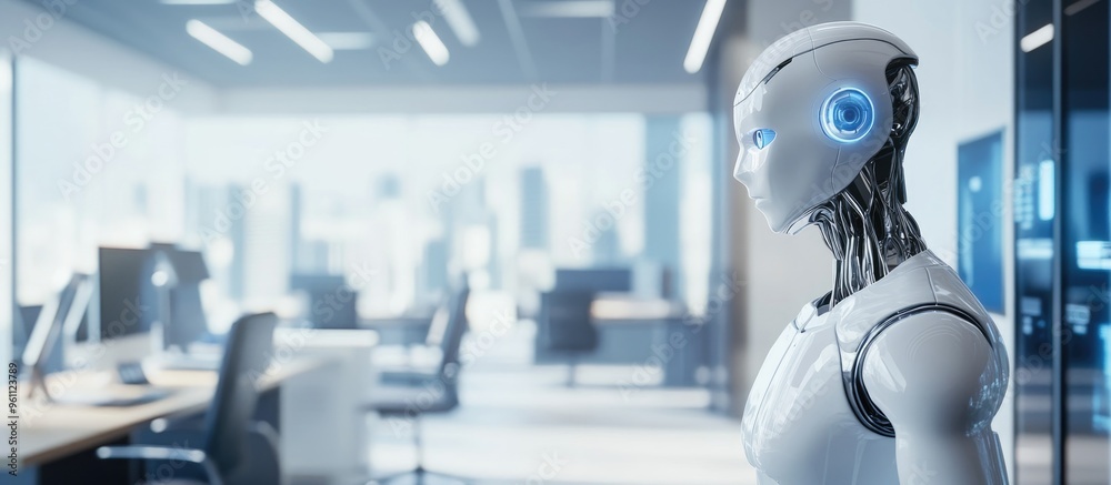 Poster concept of automation featuring a 3d rendered ai robot performing tasks in a modern office environme