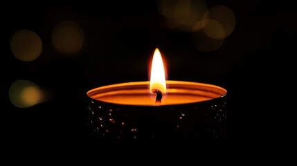 A single candle flame glows brightly in the dark.