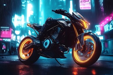 Shiny futuristic sports motor on a blurred cyberpunk city street background with bright neon lights. Bokeh effect. Future concept.