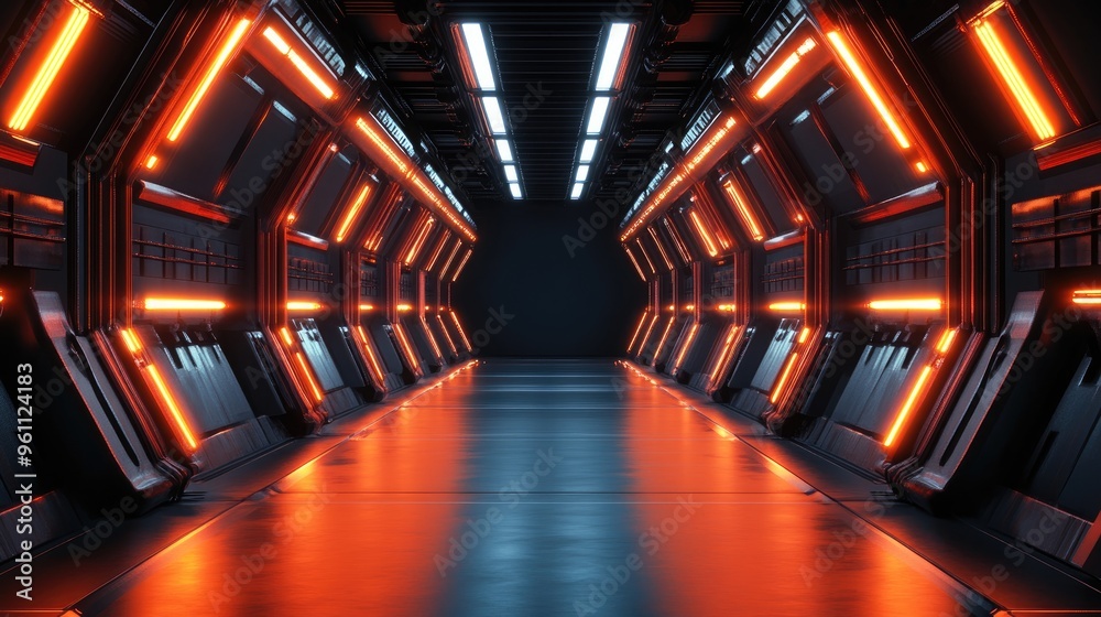 Poster neon sci fi lamps illuminate a dark tunnel creating reflections on the floor and walls with an empty