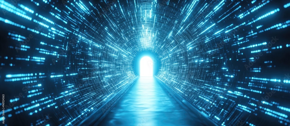 Poster 3d visualization of a binary tunnel featuring light at the exit
