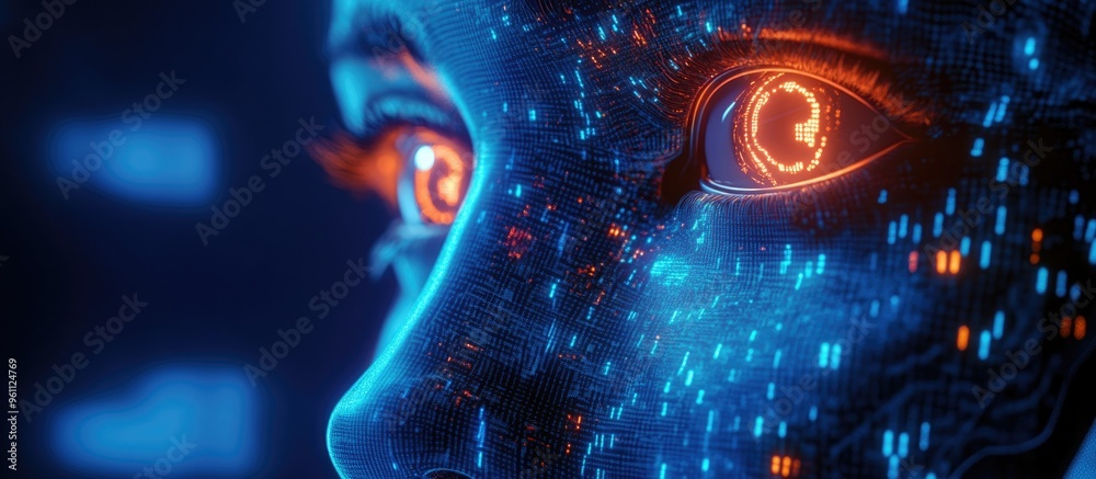 Poster abstract robot face cropped in half featuring a neon eye against a backdrop of blue computer code hi