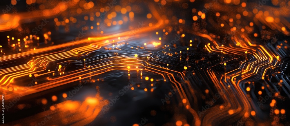 Poster orange abstract background featuring a futuristic cyber circuit design representing advanced technol