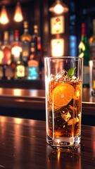 a glass of whiskey sits on a bar counter.