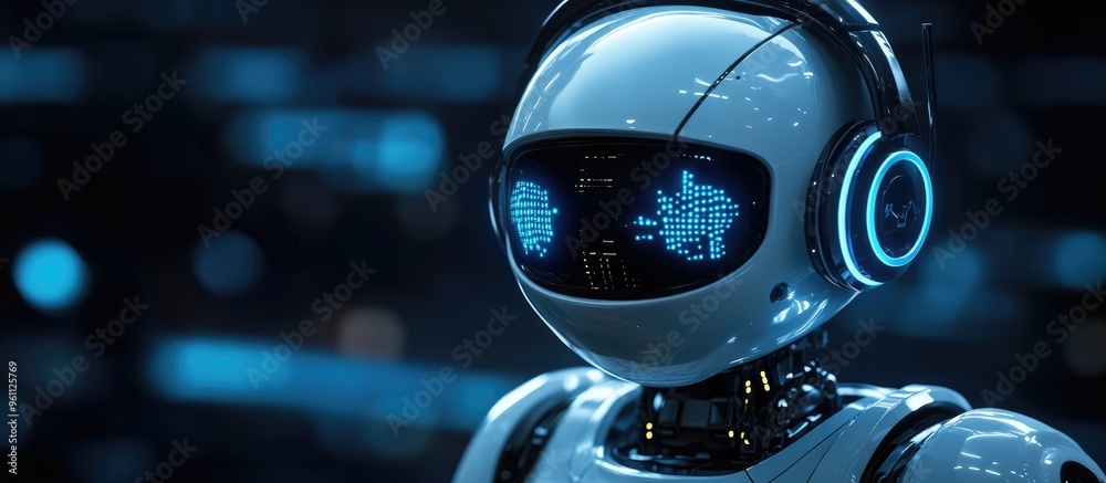 Poster 3d rendered robot with headset representing the concept of automated customer service