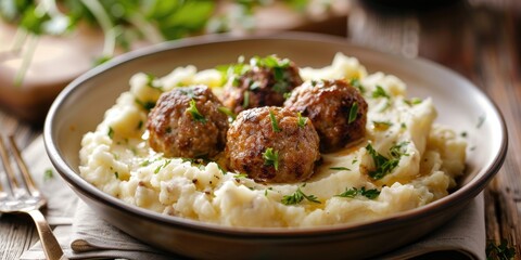Meatballs accompanied by smooth mashed potatoes