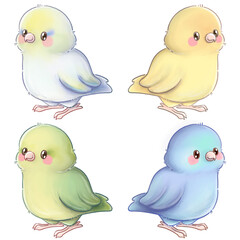 Colorful Forpus Parrots: Cartoon Drawing of Adorable Parrots in Blue, Green, Yellow, and Druzy Turquoise Colors, Smiling and Cheerful, Perfect for Kids and Fun Illustrations, Bright and Vibrant Bird 