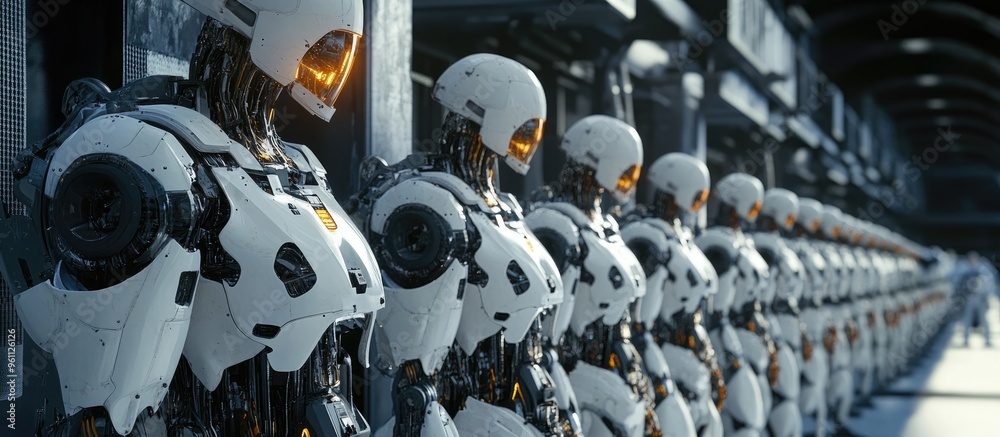 Poster 3d rendering of a robotic workforce engaged in various tasks