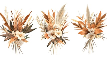Obraz premium set of tropical bouquets with dry leaves and herbs, boho palm leaves and pampas grass isolated on white background. Floral illustration for design, print, fabric or background. Flower frames