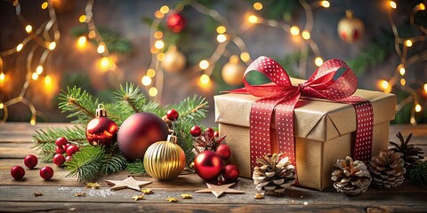 Christmas decoration arrangement with gift box on table