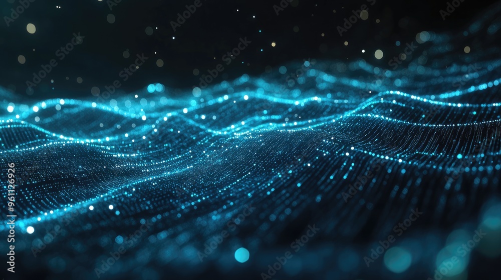 Poster abstract illustration of information stream featuring a cyan line and dots representing big data tec
