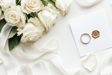 A romantic arrangement featuring white roses, a wedding ring, and a wax seal on a white background.