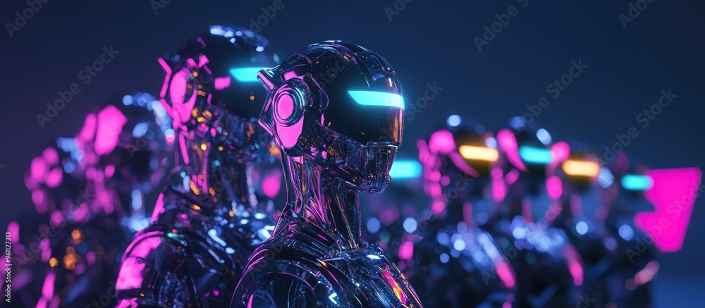 Poster a group of cyborg robots collaborates using a virtual 3d interface in a digital realm an ai driven h