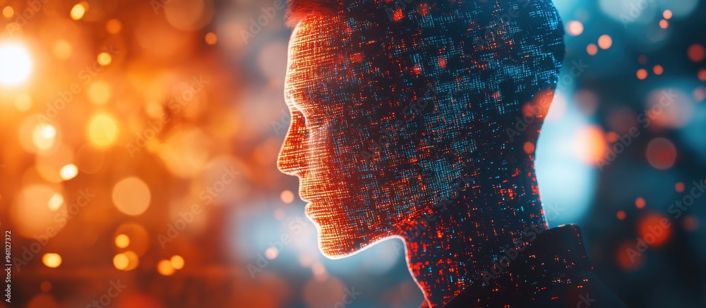 Poster businessman interacting with a blurred backdrop featuring a 3d rendering of a digital artificial int
