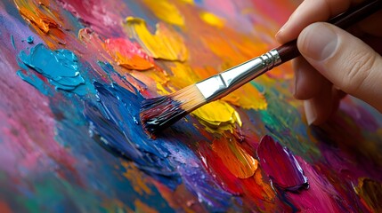 Obraz premium Artist’s Hand Holding a Paintbrush: An artist's hand holding a paintbrush mid-stroke, with vivid paint colors splashing onto a canvas. 