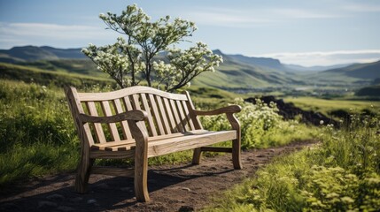 Wooden bench in a field covered in greenery
