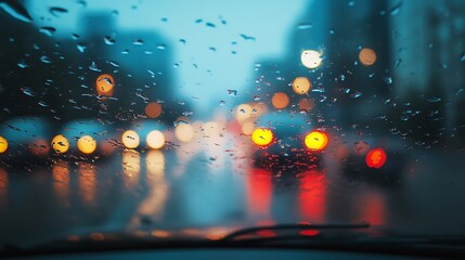 Rainy city street at night with cars and traffic lights reflections