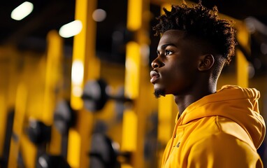 Fototapeta premium A focused young man stands in a gym, wearing a bright yellow hoodie, surrounded by workout equipment.