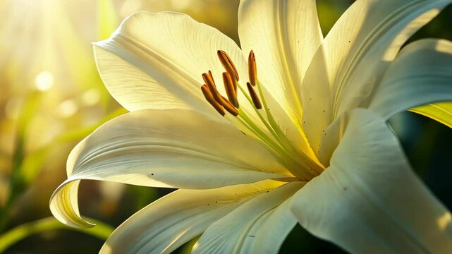 Majestic white lily blooms under soft sunlight in a serene garden setting showcasing nature's beauty