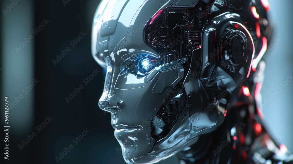 Poster humanoid head representing artificial intelligence a generative bot designed for idea creation editi