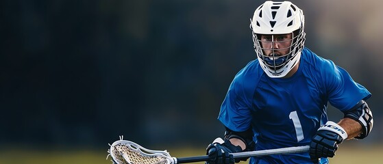 An athlete in blue jersey practices lacrosse on the field, showcasing action, determination, and sportsmanship in a dynamic environment.