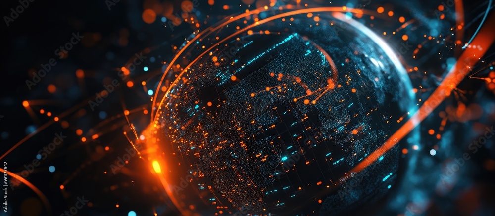 Poster detailed 3d render of a globe showcasing a technology theme featuring intricate arcs connecting diff