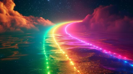 A surreal night scene featuring a rainbow-lit pathway beneath a starry sky, with soft clouds floating around. The glowing colors against the dark sky create a magical and otherworldly atmosphere.