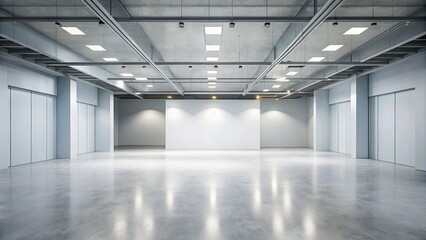 Minimalistic empty hall with light grey monochrome tones and mockup displays