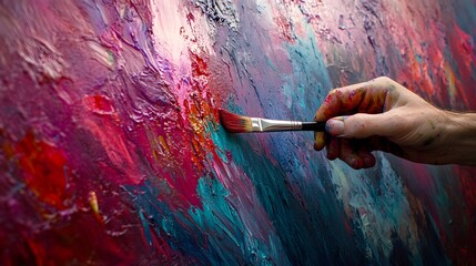 Artist&rsquo;s Hand Holding a Paintbrush: An artist's hand holding a paintbrush mid-stroke, with vivid paint colors splashing onto a canvas.
