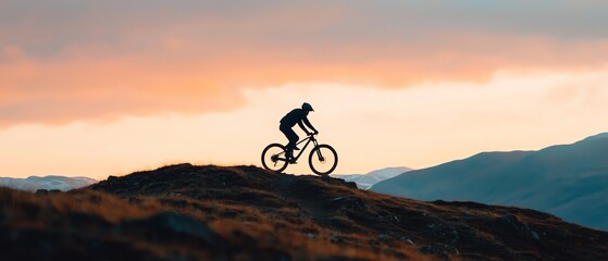 A silhouette of a mountain biker navigating a rocky terrain during a stunning sunset, showcasing adventure and freedom.