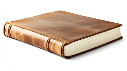 Obraz premium A thick, worn leather-bound journal with blank pages.