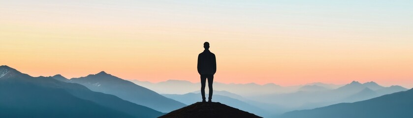 A solitary figure stands atop a mountain, gazing at the serene sunrise, capturing the essence of solitude and reflection in nature.