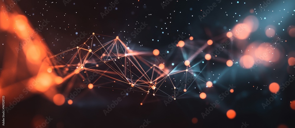 Poster abstract illustration of data technology featuring low poly shapes interconnected by dots and lines 