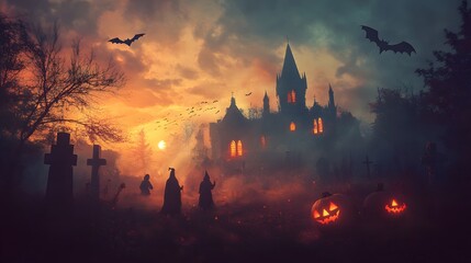 A playful Halloween scene featuring silhouetted figures of children in costumes, a haunted house, bare trees, and flying bats set against a vibrant orange background and full moon.