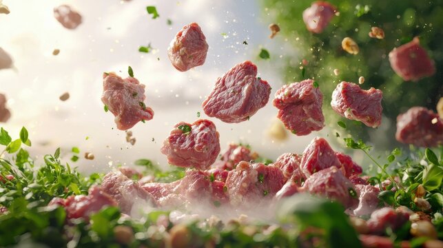 beaf and lamb meat chucks, are about to fly off the screen, in a natural garden, scene is filled with peaceful sense, soft natural light, bright background
