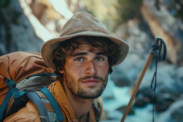 Obraz premium Young man with a hiking stick, exploring a mountain trail